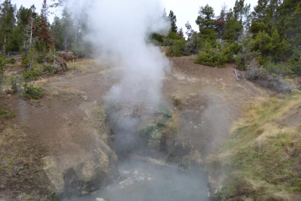 Dragon’s Mouth Springs in Yellowstone’s Mud Volcano area belches stinky sulfuric gasses.