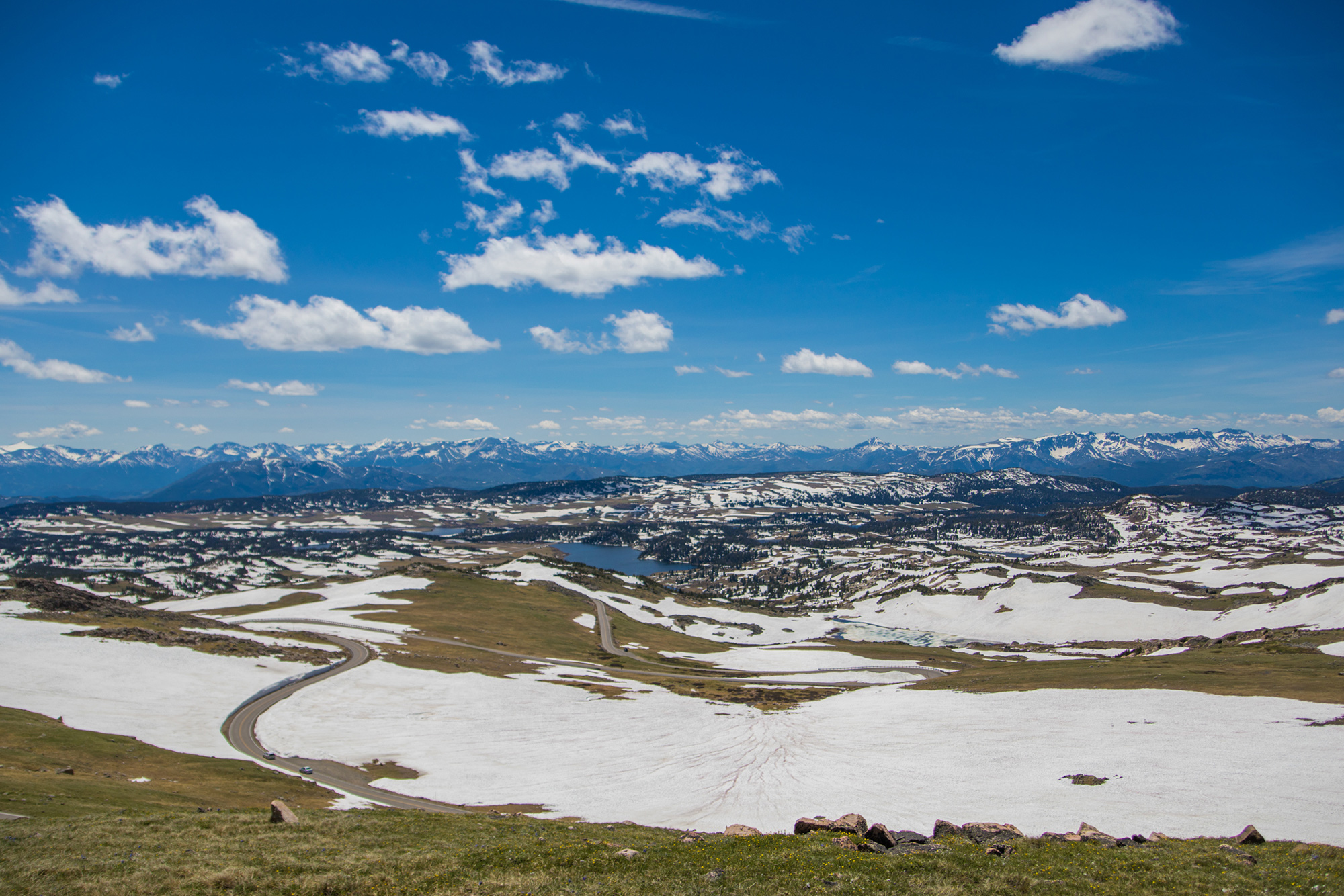 Snowy terrain on Beartooth Highway in Yellowstone Country Montana.