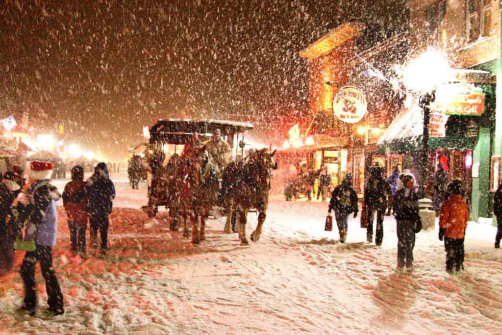 A beautiful big flake snowfall adds emotion to the Red Lodge Christmas Stroll of 2006.  Red Lodge, Montana is a quaint small town at the base of the Beartooth Mountains north of Yellowstone National Park.