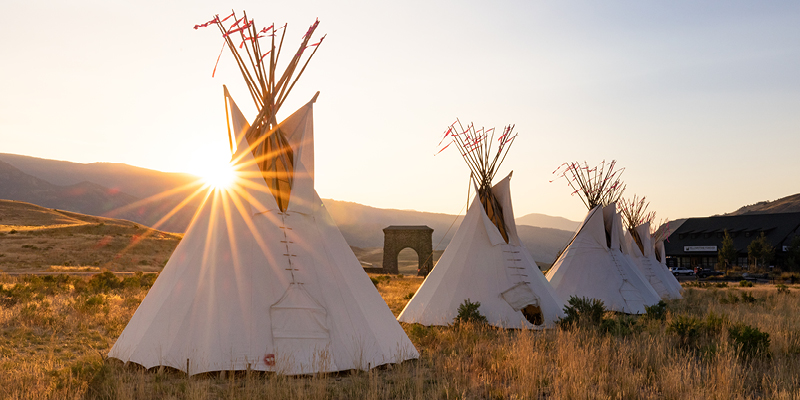 An Era of Unity and Inclusivity by Pretty Shield Foundation, lighted teepees and Roosevelt Arch