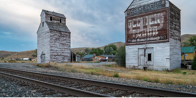 Historic granaries located along the train tracks in Montana