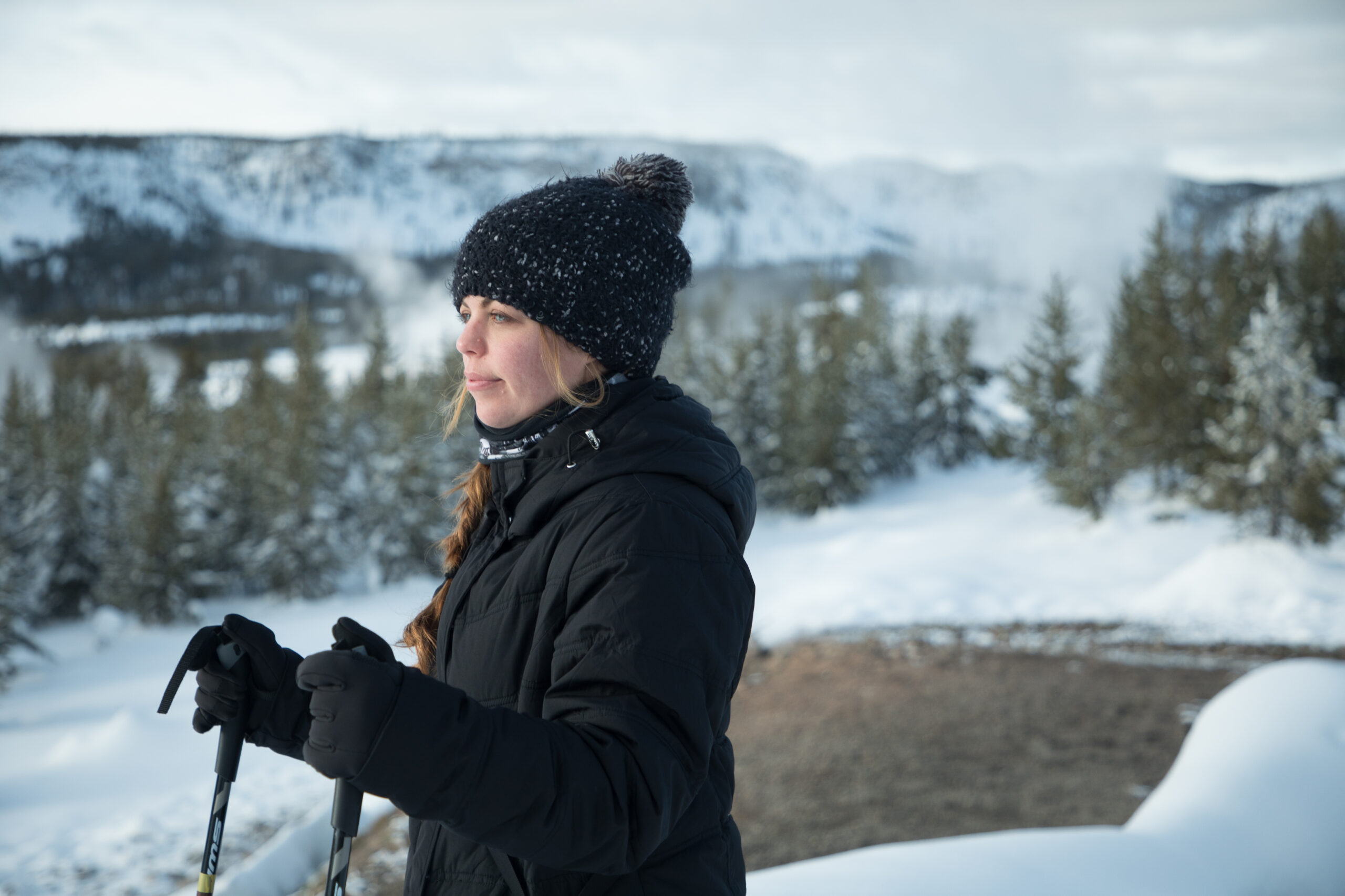 Woman snowshoeing in Yellowstone National Park
